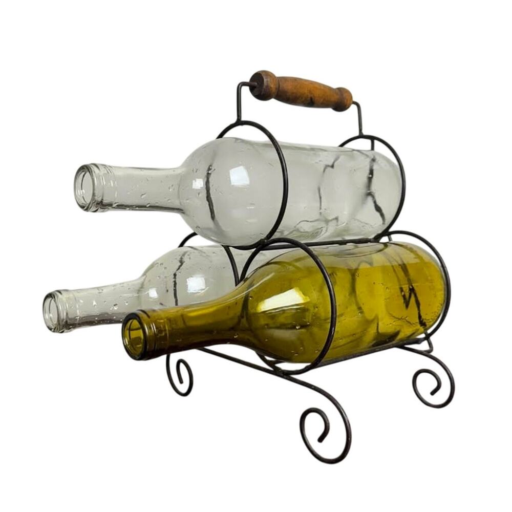 Wine Bottle Holder Wine Rack in Black Wrought Iron w/ Wooden Top Carrying Handle